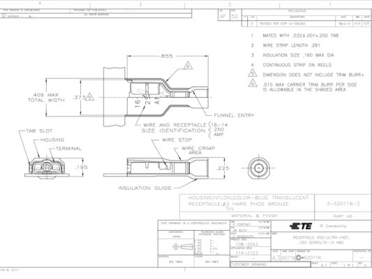 TE Connectivity 3-520116-2  Ultra-Fast 250 Blue Insulated Female Spade Connector Fully Insulated Male and Female Disconnects